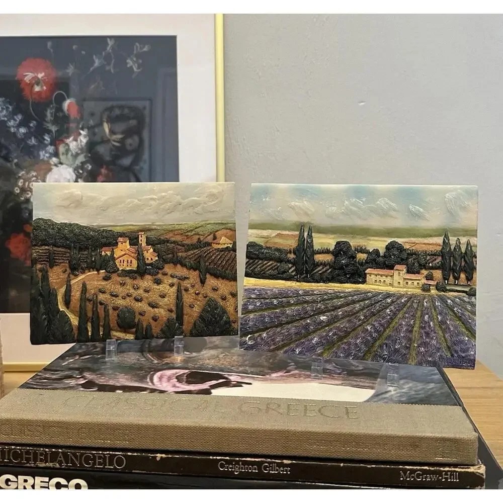 Set Of 2 Signed 6”x5” Textured Wall Plaques Tuscan Fields Landscape Gallery Wall